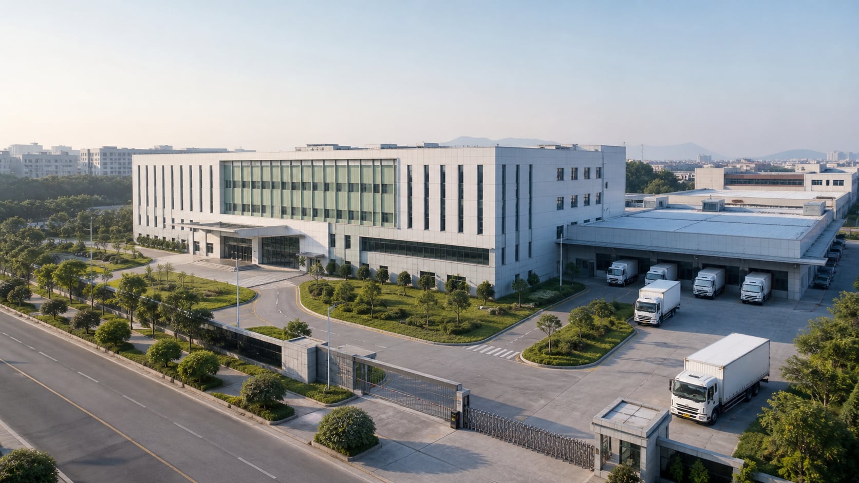 Concept view of a modern cosmetics manufacturing campus