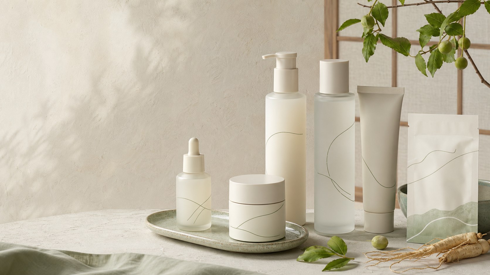 Premium skincare product collection in ivory and sage tones